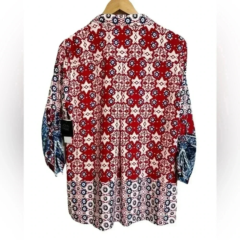 John Mark Women's Floral Red White Blue Top Boho Tunic 3/4 Sleeve Sz S NWT - Picture 5 of 10